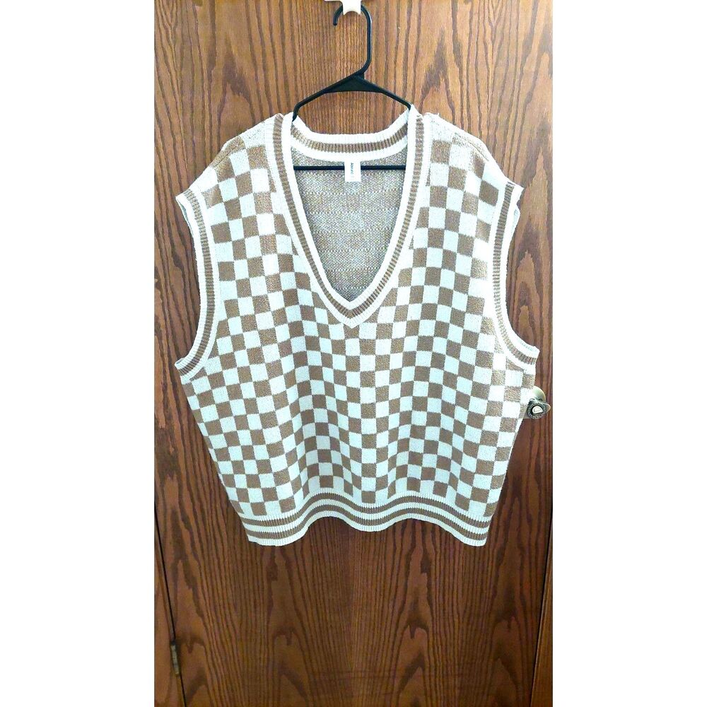 Abound Checkerboard Sweater Vest Plus Size 4X Cream Tan Boho V-Neck Fall 21